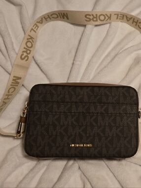 Michael Kors Brown Monogram Crossbody with Logo Strap